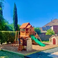 Playground Set Backyard Playground Mulch Landscape Timber Border Installation Houston, TX