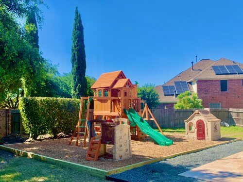 Playground Set Backyard Playground Mulch Landscape Timber Border Installation Houston, TX