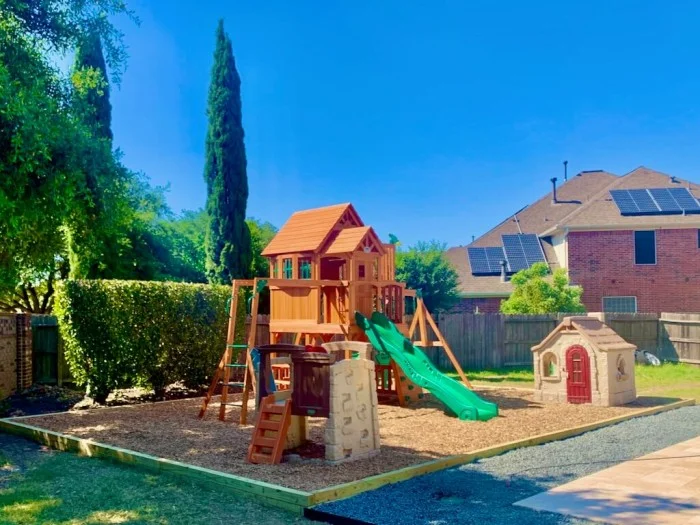 Playground Set Backyard Playground Mulch Landscape Timber Border Installation Houston, TX