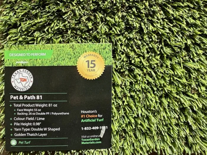 Close-up of Pet and Path 81 artificial grass with soft blades and quick-drain backing, ideal for pets and high-traffic areas.