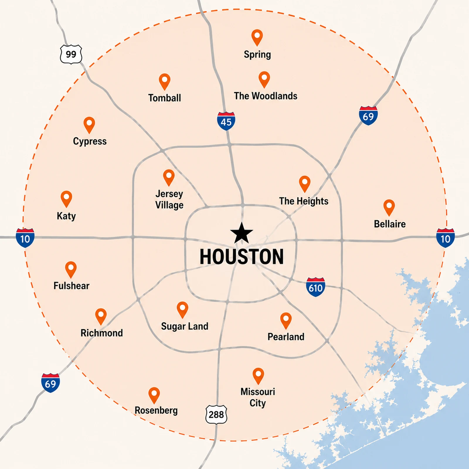 Houston Black Star Gravel Delivery Area Map Black Star Gravel delivery service area throughout Houston, Katy, Cypress, Sugar Land, Richmond, Fulshear, Tomball, Spring, The Woodlands, Pearland, Missouri City, Bellaire, Jersey Village, Rosenberg, and surrounding areas.